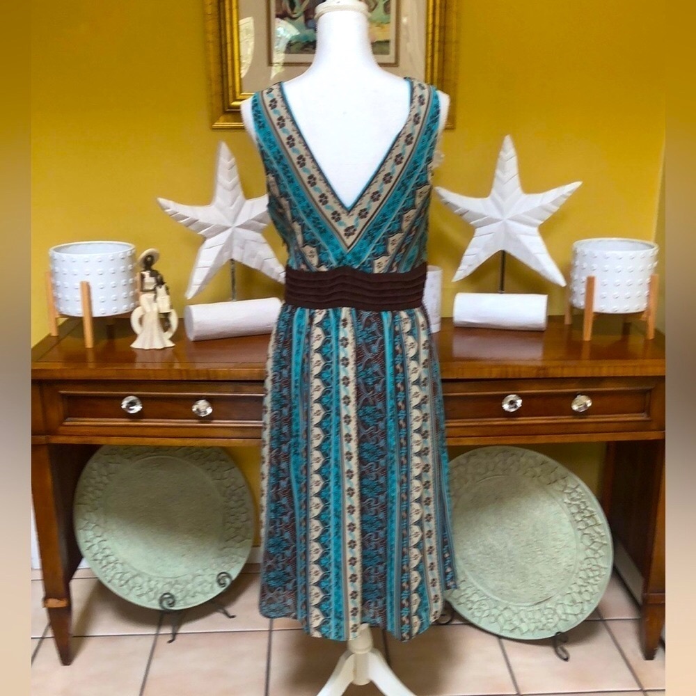 Sandra Darren Floral Brown & Aqua Boho Sleeveless V Neck Cocktail Party Dress 12 - Picture 10 of 16